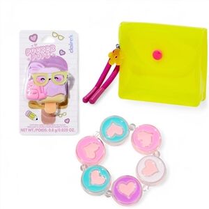 Claire’s Pucker Pops Lip Gloss & Heart Bracelet Set w/ Neon Yellow Case – New